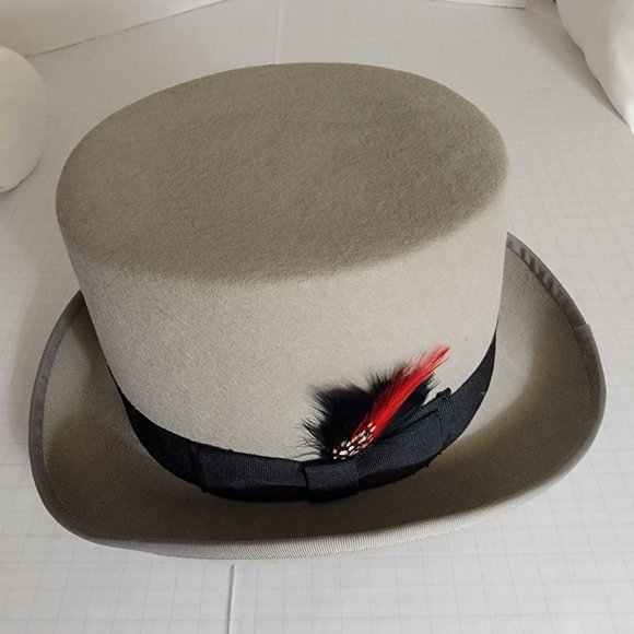 Hats in the Belfry Gray Wool Top Hat w Red Black Feather 100% Wool Large - Picture 2 of 12